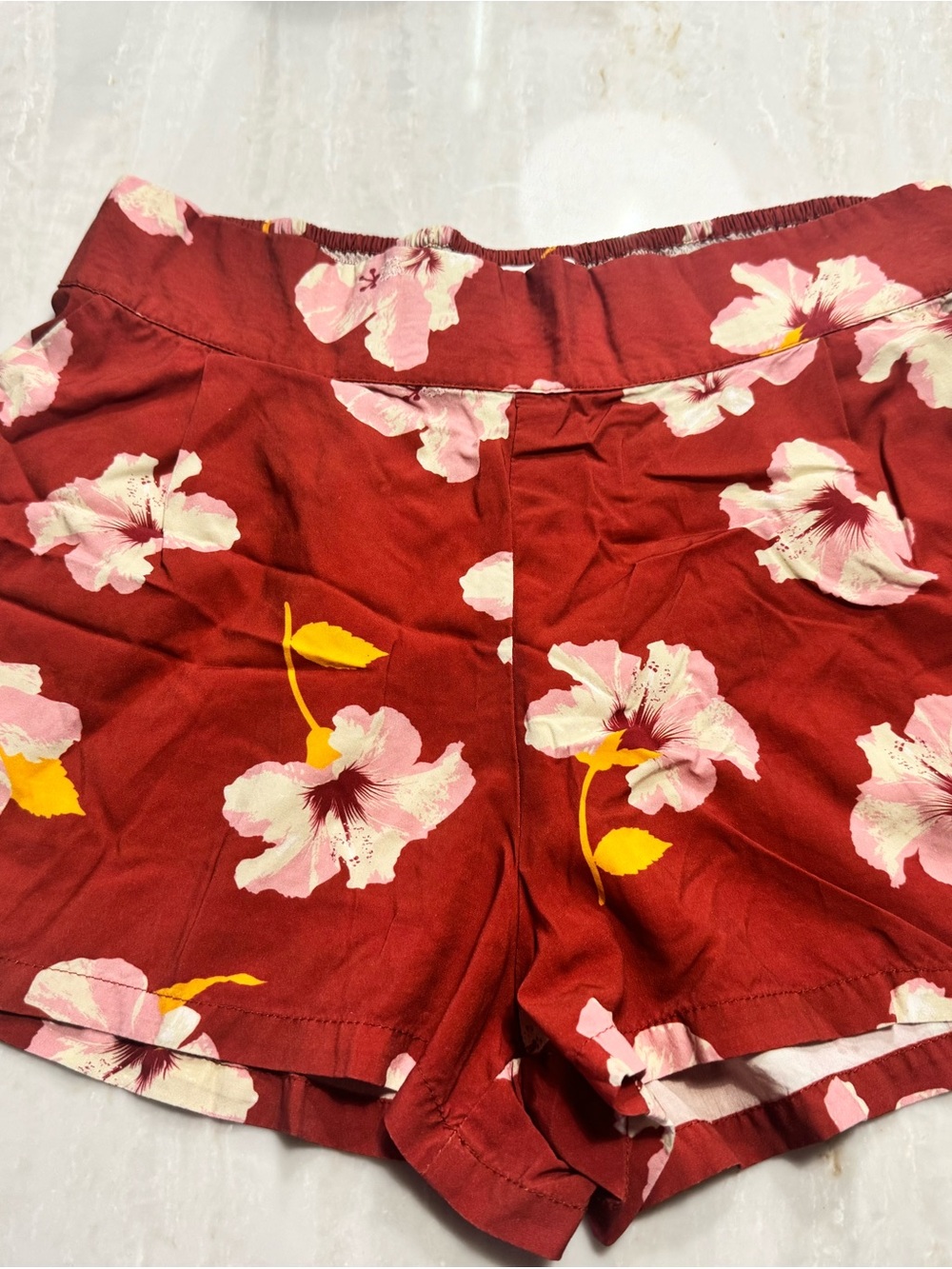 Ava Sky Floral High-Waist Shorts - Red with Pink & Yellow
